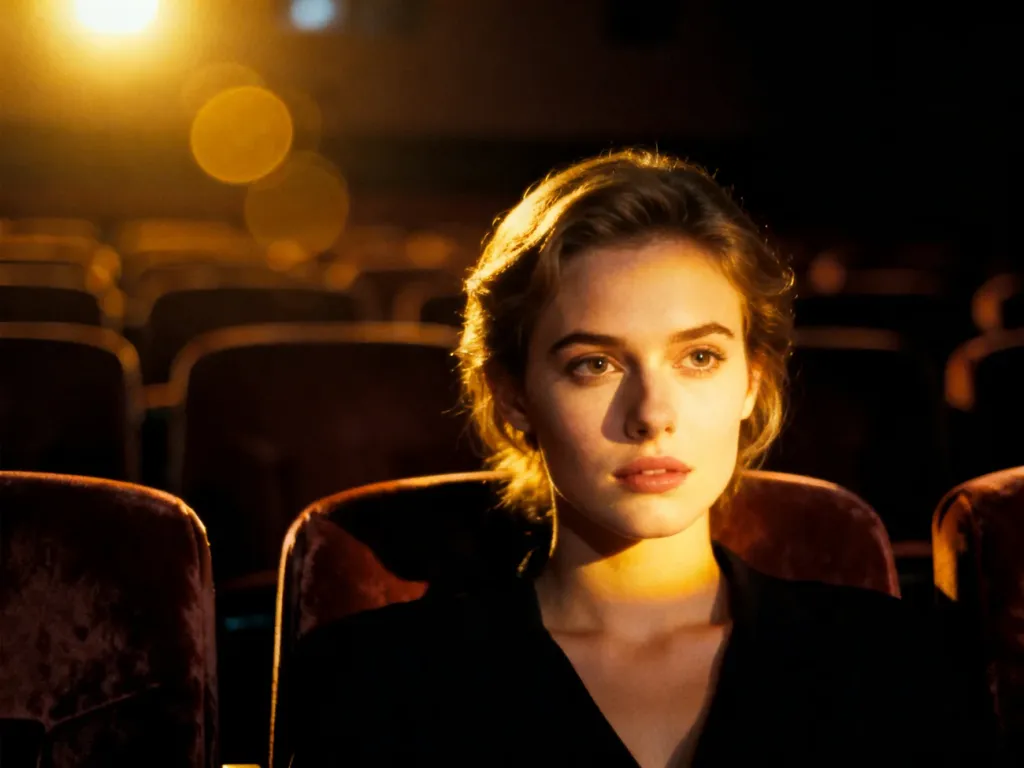 Winona Ryder w nastrojowym kinie w stylu lat 90., podkreślająca nostalgiczną estetykę jej filmowej kariery.