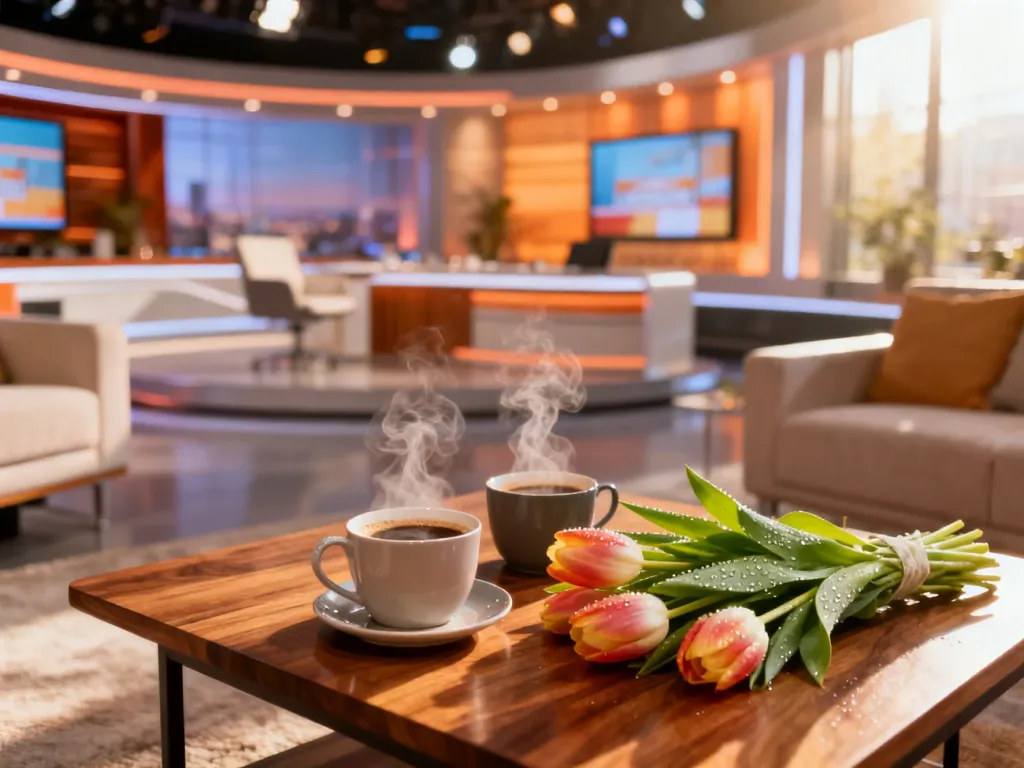 Przytulne studio programu śniadaniowego z kawą i tulipanami na pierwszym planie, tworzące ciepłą atmosferę poranka.