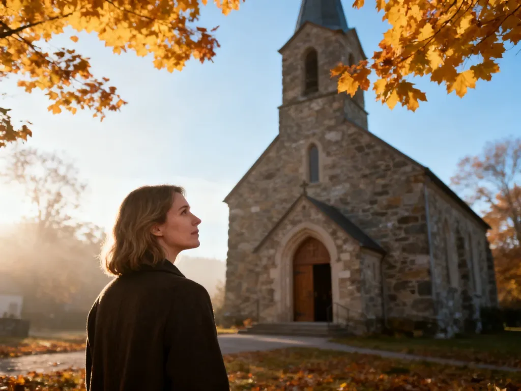 Kobieta stojąca przed zabytkowym kościołem w jesiennej scenerii, nawiązująca do tematyki świąt religijnych.