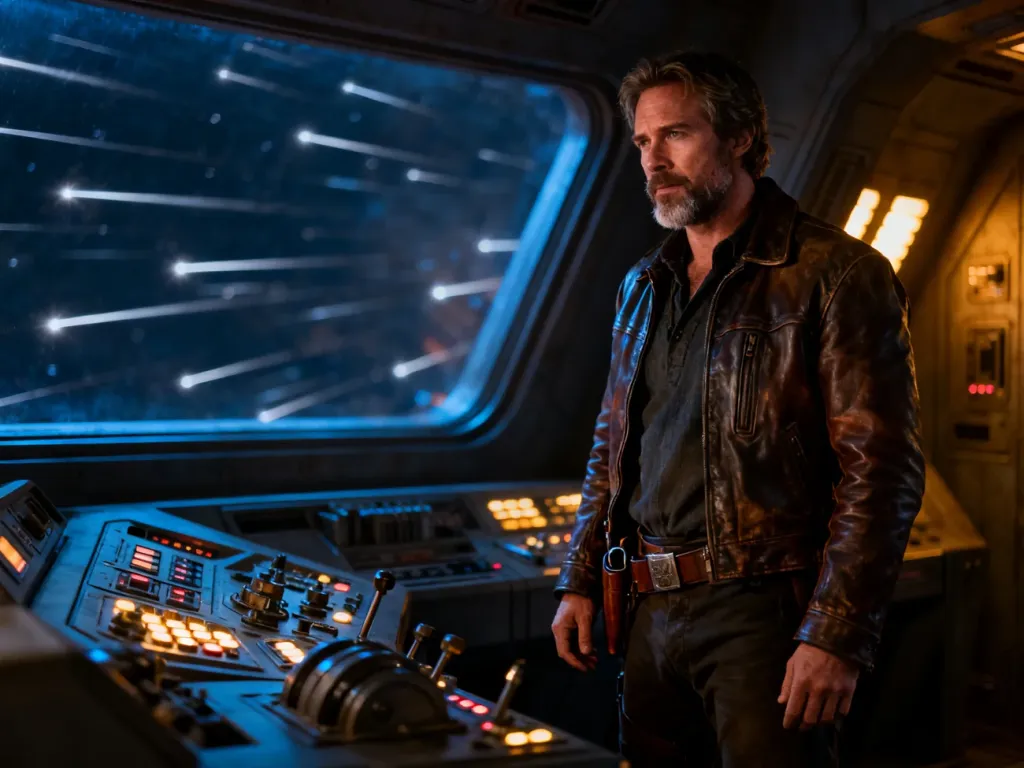 Han Solo w kokpicie Sokoła Millennium podczas skoku w nadprzestrzeń.