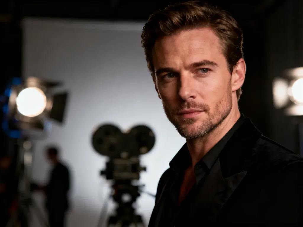 Portret Benedicta Cumberbatcha w eleganckim stroju na profesjonalnym planie filmowym.