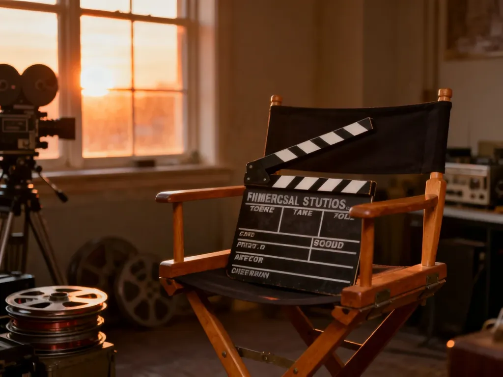 Klapa filmowa na reżyserskim krześle w klimacie lat 90., nawiązująca do estetyki produkcji serialu Zbuntowany anioł.