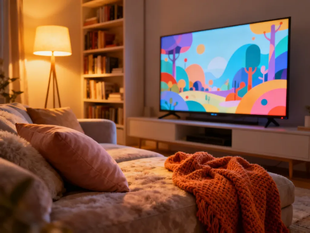 Przytulny salon z dużym telewizorem i wygodną kanapą, tworzący idealną przestrzeń do rodzinnych seansów filmowych.