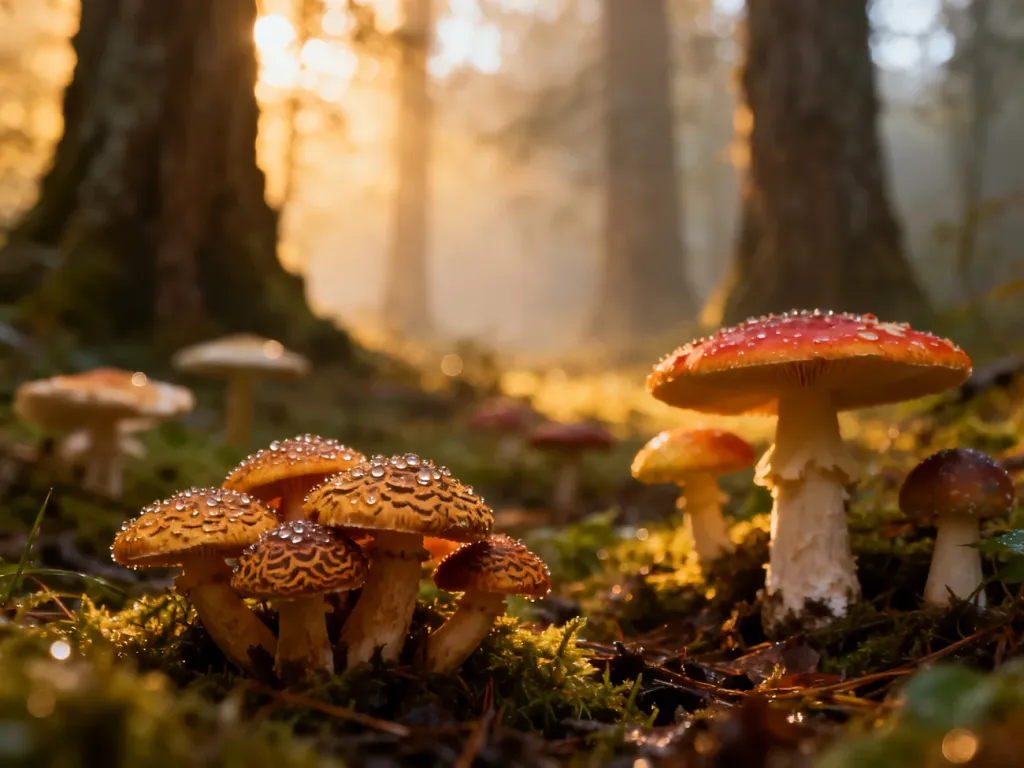 Kolorowe grzyby na wilgotnym, leśnym poszyciu w promieniach porannego słońca. Makrofotografia ukazująca różnorodność grzybów.