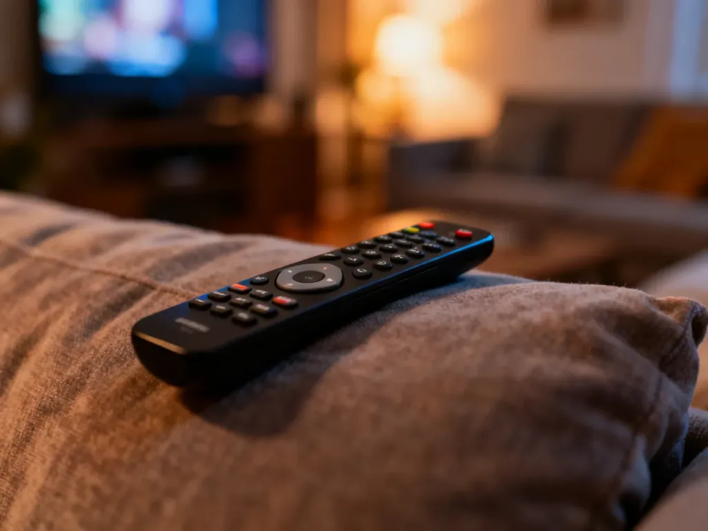 Pilot do telewizora leżący na kanapie w przytulnym salonie, symbolizujący relaks przy oglądaniu programów telewizyjnych.