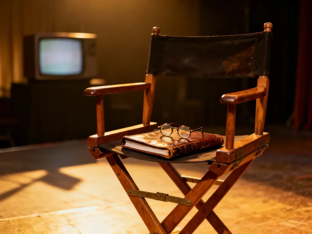Puste krzesło reżyserskie ze scenariuszem i okularami na planie filmowym, symbolizujące przerwę w pracy nad serialem.