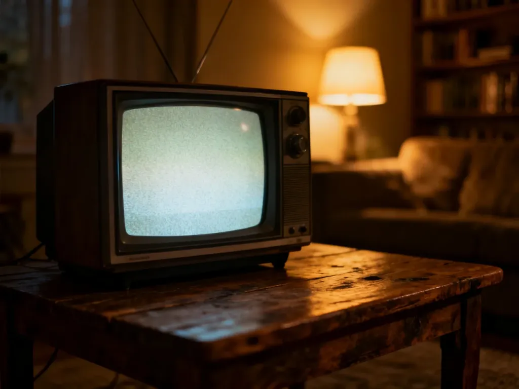 Stary telewizor na drewnianym stole w przytulnym salonie, sugerujący oczekiwanie na emisję nowego odcinka serialu.