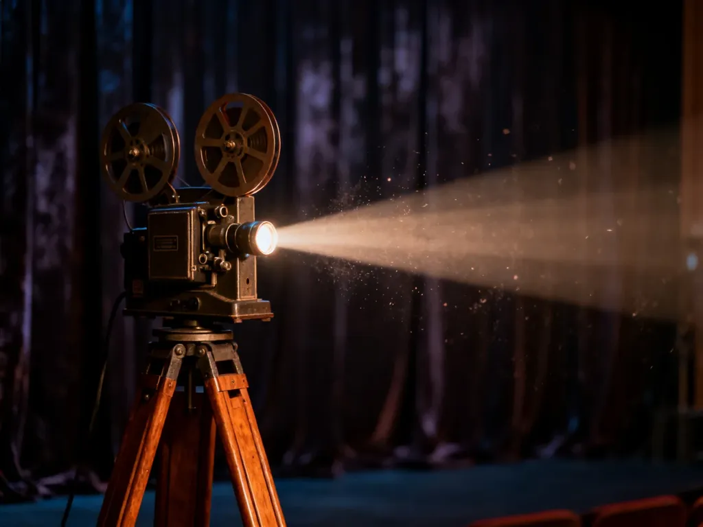 Zabytkowy projektor filmowy na drewnianym statywie w nastrojowym, kinowym wnętrzu z aksamitną kurtyną w tle.