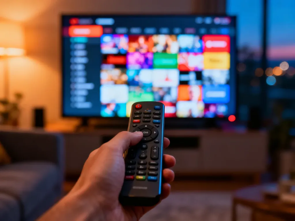 Dłoń trzymająca pilot skierowany w stronę telewizora z wyświetlonym na ekranie przewodnikiem po programach.