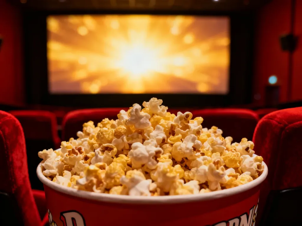 Wiadro świeżego popcornu na kinowym fotelu w tle rozświetlonego ekranu, budujące atmosferę seansu filmowego.