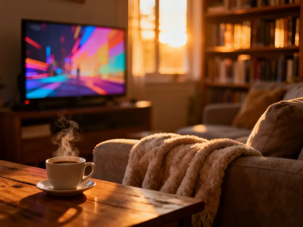 Przytulny salon z telewizorem, kanapą i kawą, zachęcający do relaksu przy oglądaniu ulubionego serialu.