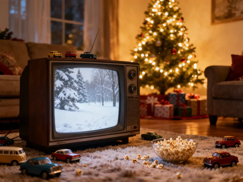 Przytulny salon w świątecznym klimacie z choinką, prezentami i starym telewizorem, nawiązujący do atmosfery filmu.