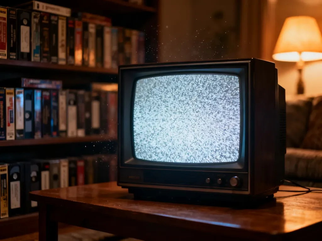 Stary telewizor z szumiącym ekranem na drewnianym stole w klimatycznym, nostalgicznym salonie pełnym kaset VHS.